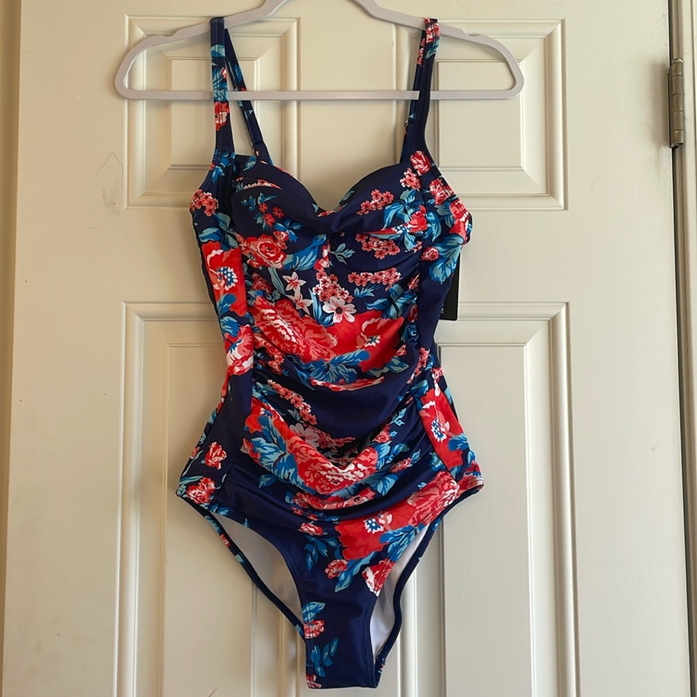 NWT Ekouaer Blue Floral One Piece Bathing Suit Sz S
